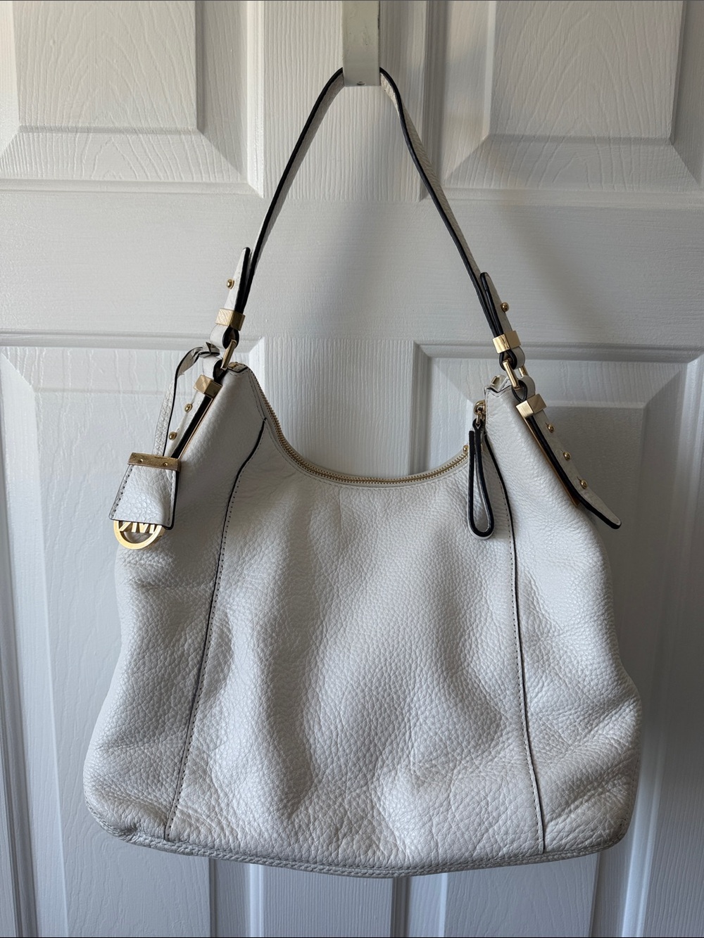 Michael Kors White Pebbled Leather Hobo Shoulder Bag with Gold Hardware